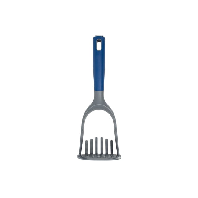 Farberware Soft Grip Masher with a blue soft-grip handle and gray mashing head featuring vertical slots, designed for comfortable and efficient mashing of potatoes and soft vegetables, safe for all cookware and dishwasher safe.