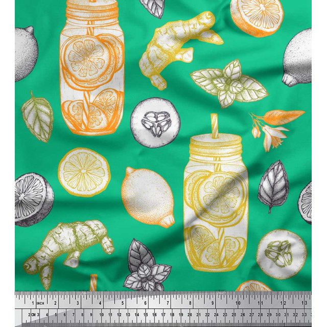 Soimoi polyester Crepe Fabric Lemon Slice Jar,Cucumber & Ginger Vegetable Decor Fabric Printed Yard 52 Inch Wide