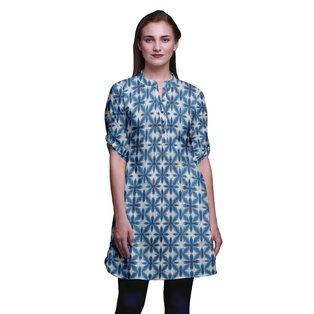 Bimba Kurtis Courtes pour Femmes Imprimées à Col Mandarin Robe à Manches Retroussables