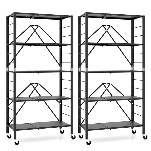 Gymax 2PCS Foldable Storage Shelf with Wheels, featuring adjustable metal shelves in a black finish. This 5-tier shelving unit is extendable, stackable, and can be divided into two independent racks. Each shelf offers 13 adjustable height options and can stretch from 19.5'' to 30'' to accommodate various storage needs. Equipped with 8 rolling casters, including 4 lockable ones, for easy mobility and secure placement. The foldable design allows for space-saving storage when not in use. Ideal for organizing kitchen supplies, books, or garage tools.