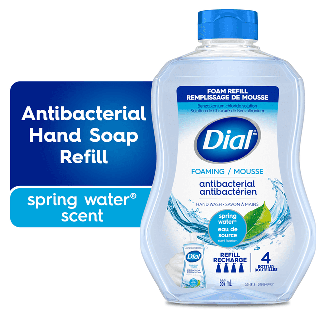 Dial Recharge de Savon Moussant Antibactérien pour les Mains, Parfum d'Eau de Source, Bouteille en Plastique Transparent de 887 ml avec Bouchon Rabattable Bleu, avec Éclaboussures d'Eau et Motif de Feuille Verte, Recharge pour Quatre Bouteilles de Savon Moussant de 221 ml, Testé par des Dermatologues, pH Équilibré, Sans silicones, Parabènes, Phtalates et SLES/SLS, Convient aux Soins des Mains en Famille