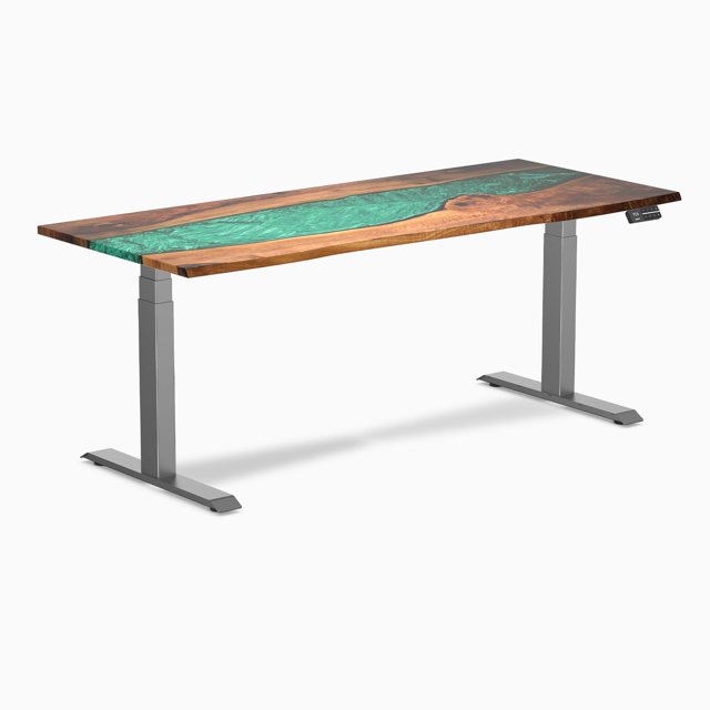 Desky Bureau Assis-Debout en Bois Dur à Double Résine - Noyer Naturel Rivière Émeraude / 72 x 30 Pouces / Gris Espace