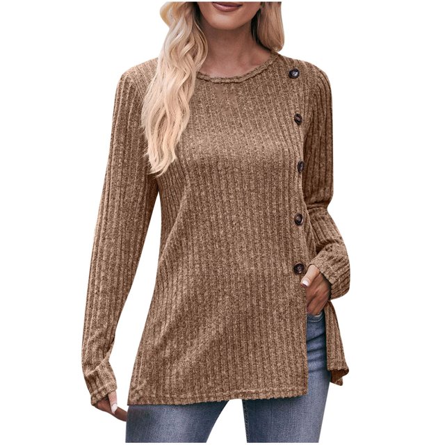 Pisexur Womens Casual Asymmetrical Sweater Solid Color Long Sleeve Ribbed Knit Sweater Crew Neck Button Front Pullover