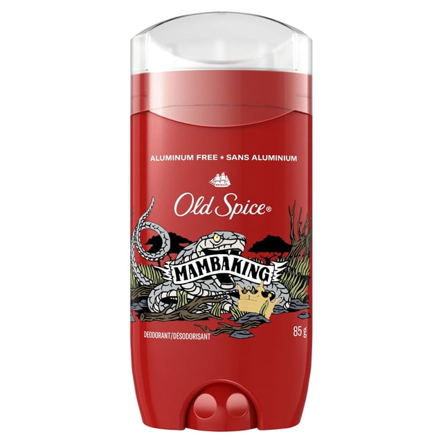 Old Spice Deodorant for Men Aluminum Free MambaKing in a red stick container with clear cap, featuring a coiled snake graphic holding a crown over a swamp background, labeled aluminum free and 85 grams, offering 48-hour odor protection with plum, berry, and amber scent notes.