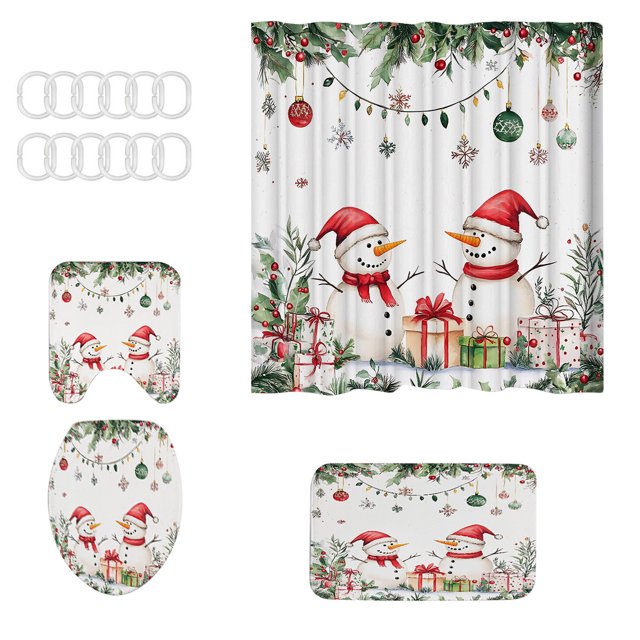 Rideau de Douche de Noël Rideau de Douche Père Noël Toile de Fond Suspendue Ensemble de Bain Crochets de Rideau de Douche