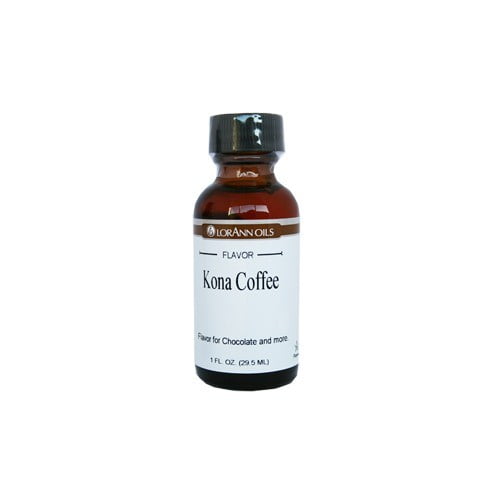 Huile de Café Kona - 1 oz par LorAnn Oils, un Arôme Concentré Idéal pour le Chocolat Pur, les Recettes de Bonbons Durs et la Pâtisserie. l'Huile Non Sucrée Est Offerte dans une Bouteille en Verre Ambre de 1 Once avec un Bouchon à Vis Noir, Étiquetée avec les Détails du Produit.