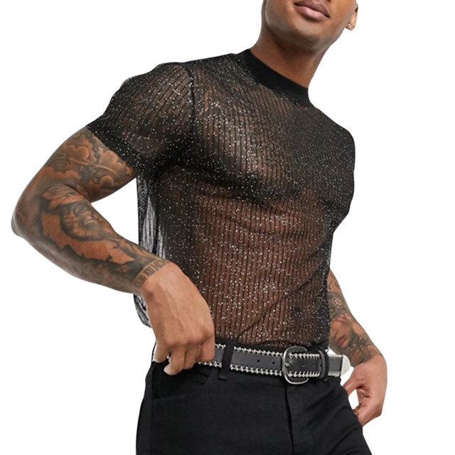 T-Shirt à Manches Courtes en Maille Aguichant pour Homme - Coupe Ajustée, Col Rond, Polyester, Été Fête/décontracté, Parfait pour Boîte de Nuit/plage