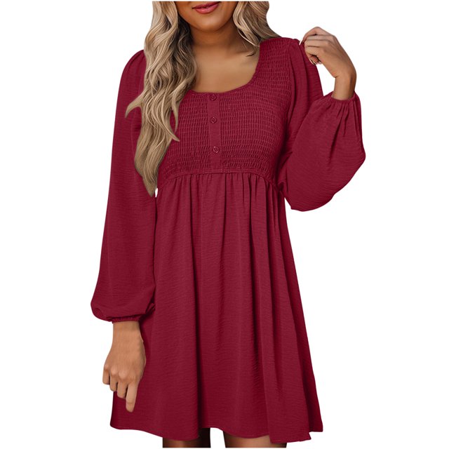 cfhntfmh Robes Décontractées pour Femmes Automne Amples à Manches Longues Robe Chemise Froncée Détente Col Rond Boutons Robe Plissée Mini