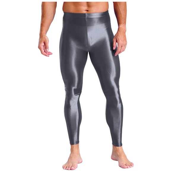 Haitryli Men's Shiny High Waist Leggings Stretch Compression Pants for Gym Clubwear Performance Grey L