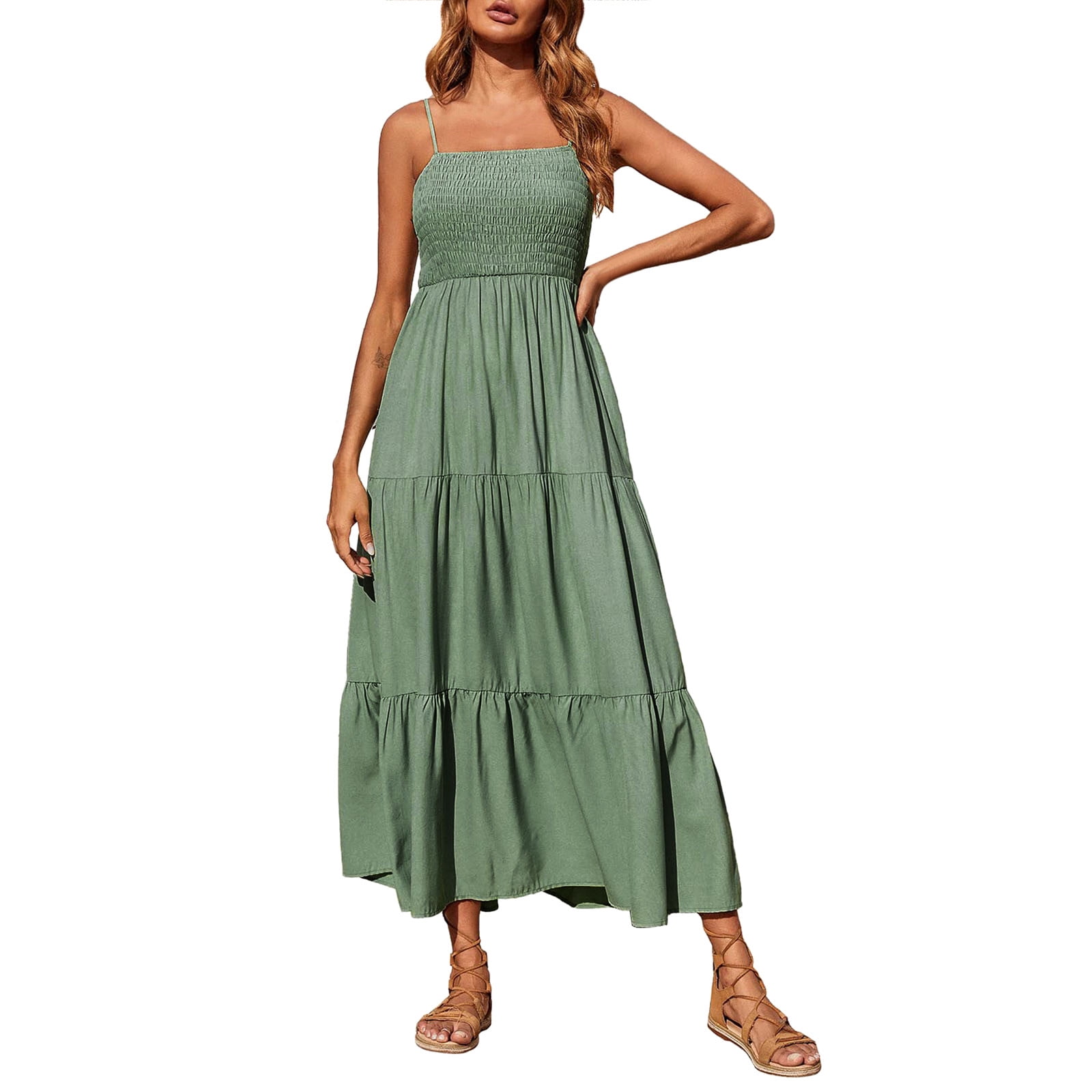 zanvin Robes pour Femmes, Robe Bohème pour Femmes à Bretelles Spaghetti, Smockée, à Volants Superposés, Longue, de Plage, Soleil, Sans Manches, Unie, Maxi