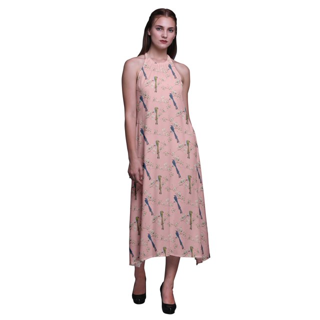 Bimba Robe Décontractée Oiseau Longue Dos Nu à Col Licou pour Femme Robe de Plage Imprimée - Grande