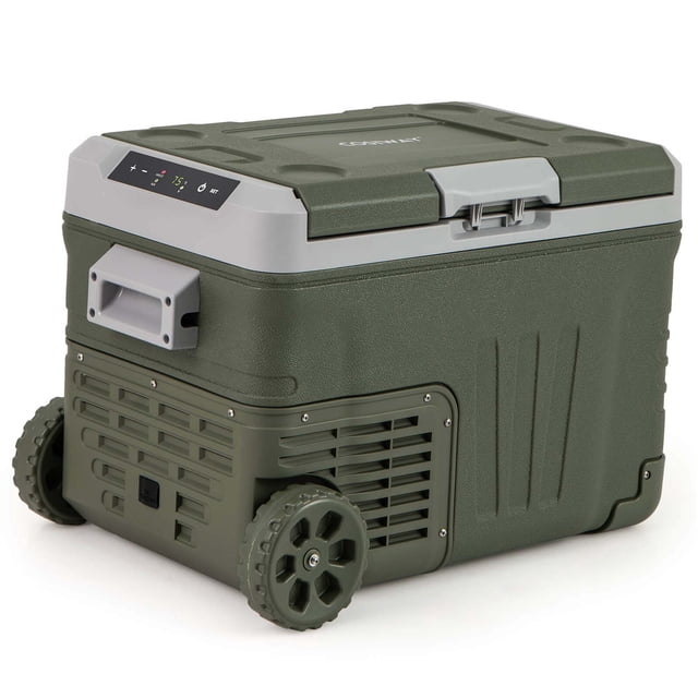 Costway Réfrigérateur de Voiture 12 Volts 37 QT Portable pour Voiture avec Plage Réglable de -4°F à 68°F. Ce Refroidisseur Rigide Vert Présente une Conception durable avec une Poignée de Traction et Deux Grandes Roues pour un transport Facile. Il Comprend un Panneau de Commande Tactile avec un Écran LCD, un Couvercle Réversible et un Éclairage DEL Intégré. le Réfrigérateur Fonctionne sur une Alimentation 12/24V C.c. Ou 100-240V C.a., Offrant Deux modes : HH pour un Refroidissement Rapide et ECO pour l'Économie d'Énergie. Il a une Capacité de 37 Pintes