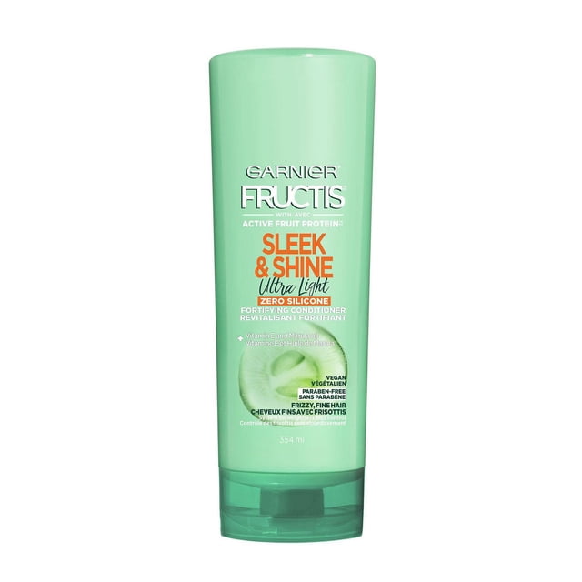 Garnier Fructis Sleek & Shine Revitalisant Ultra Léger, 354 ml, Bouteille en Plastique Vert Pâle Orientée vers l'Avant avec Texte Blanc et orange, Mettant en Vedette une Formule Sans silicone Zéro, Sans Parabènes avec Protéine de fruit active, Vitamine E et Huile de marula Approvisionnée de Façon Durable pour un Contrôle Léger des Frisottis sur les Cheveux Fins et Frisottés.