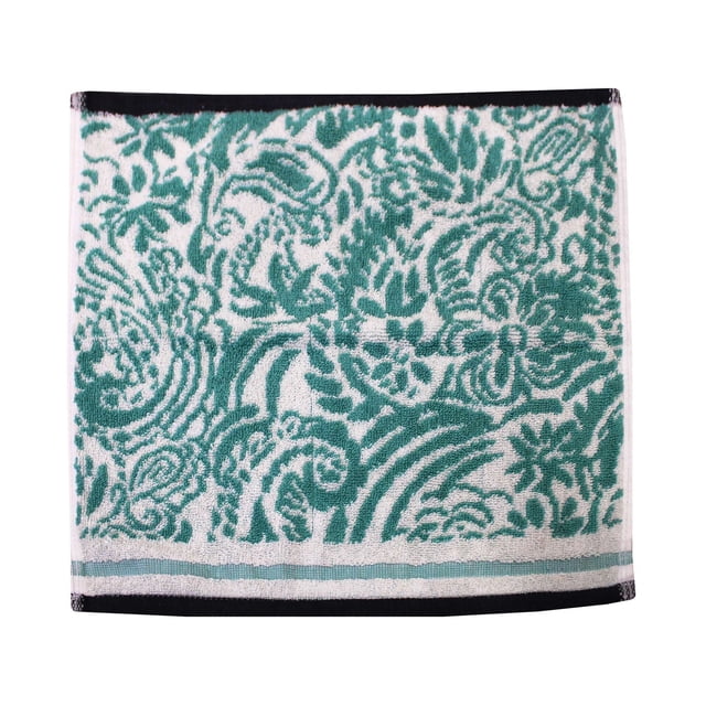 Hometrends Débarbouillette Mode en jacquard de Coton Teint au Fil avec Motif floral Sarcelle et Blanc, Bordée de Fines Rayures Sarcelle et Blanches et de Bords Noirs, Mesure 13 par 13 Pouces, Lavable à la machine et Convient pour la Salle de Bain Ou la Cuisine.