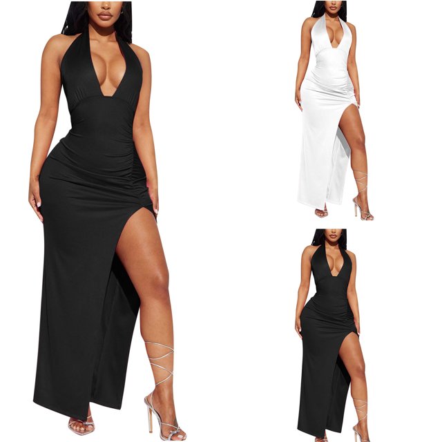 FcBaudy Robe Camis Sans Manches à Col en V, Robes d'Été pour Femmes, Robes pour Femmes Robe Unie à Col en V à Fente Haute Ajustée Longue Robe Femme Robe