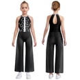 thumbnail image 1 of Oyolan One Piece Rompers Overall for Girls Rhinestones Dance Bodysuit Disco Party Wide Leg Pants Playsuit Black 16, 1 of 4
