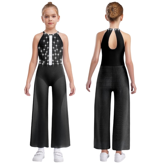 Oyolan One Piece Rompers Overall for Girls Rhinestones Dance Bodysuit Disco Party Wide Leg Pants Playsuit Black 16