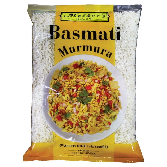 Mother's Recipe Basmati Murmura, 100g, clear plastic bag filled with white puffed rice cereal. The yellow label displays the brand and product name with an image of a plate of bhel puri, an Indian snack made with murmura, vegetables, and herbs, ideal for light, crispy street food mixes.