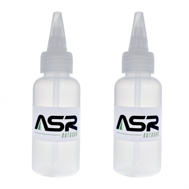 (2 Pack) ASR Outdoor 4oz Snuffer Gold Panning Snifter Bottle Squeeze Nozzle two front-facing translucent 4‑ounce squeeze bottles with tapered gold-colored nozzles and ribbed squeeze bodies, each about 5 inches tall with 1 inch diameter nozzle; labeled ASR Outdoor on a white background, designed for fine gold recovery and panning cleanup and often used for small hobby or craft cleanup.