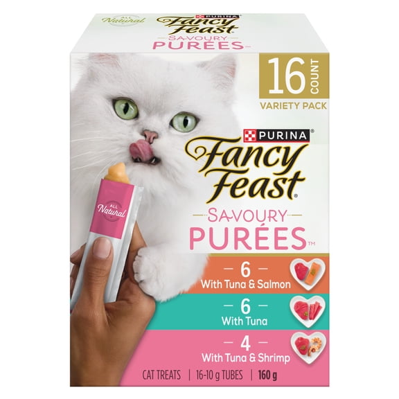 Purina Fancy Feast Savoury Purée Naturals Emballage Assorti Délices Fruits De Mer, Gâteries pour Chats Humide 10g x 16