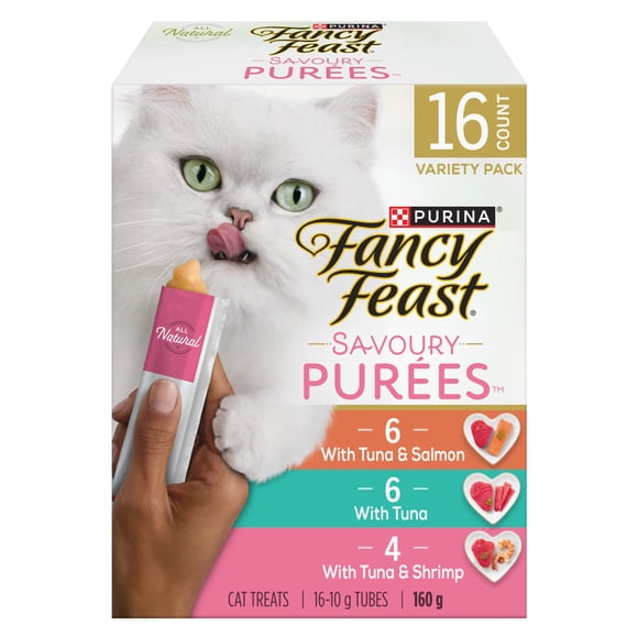 Purina Fancy Feast Savoury Purée Naturals Seafood Favourites Variety Pack, Wet Cat Treats 10G x 16