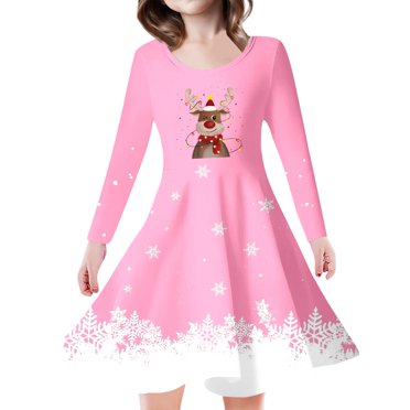 FhsagQ Robe pour Filles Enfants Tout-Petits Filles Sapins de Noël Imprimé Cerf Noël Manches Longues Fête Robe Princesse Robes de Pâques pour Filles 10-12 Ans Robes pour Filles Taille 5T 8-9 Ans