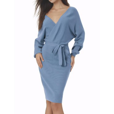 INSPIRE CHIC Women's Midi Dress Deep V Neck Batwing Long Sleeve Belted Wrap Sweater Dress S Blue