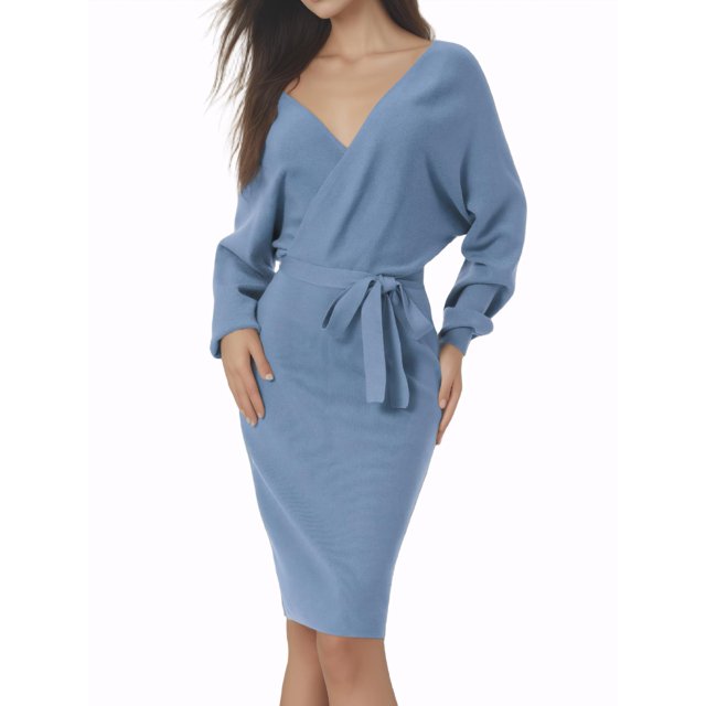INSPIRE CHIC Robe Midi pour Femme Col en V Profond Manches Chauve-Souris Longues Ceinturée Robe Chandail Portefeuille S Bleu