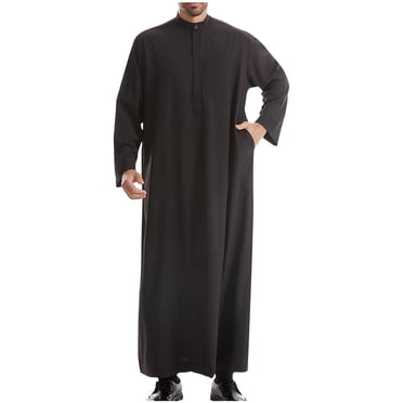 Fengqque Thobe Traditionnel Arabe, Robe Islamique à Manches Longues, Kaftan Moyen-Oriental pour Hommes avec Poche Poitrine Noir 6(m)