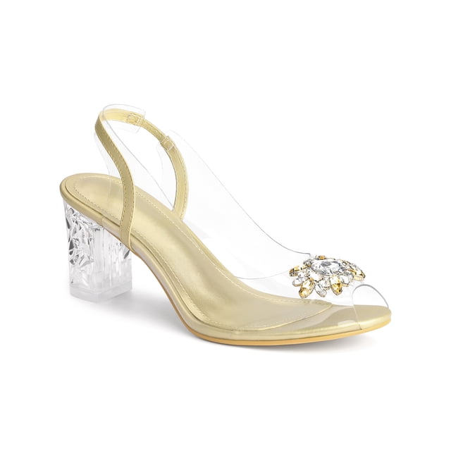 BLISSFUL STEP Sandales à Talon Bloc à Bout Ouvert à Bride Arrière Transparente avec Strass pour Femmes