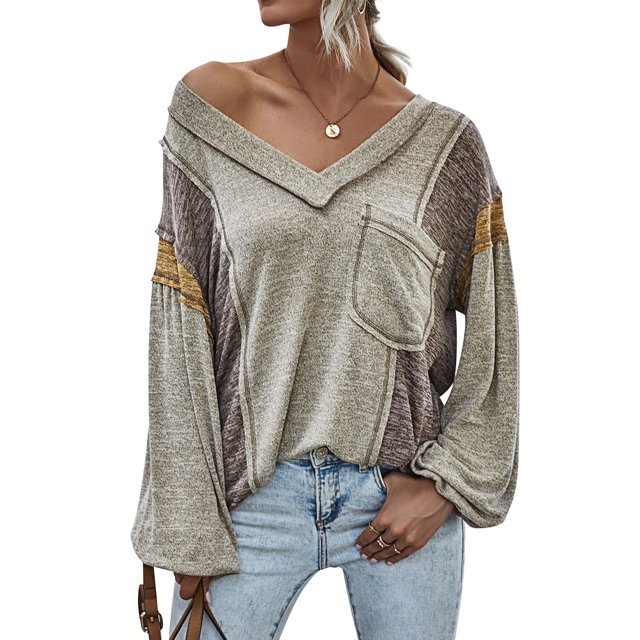 Women Pocket front Colorblock V Neck Long Sleeve Pullover Shirt