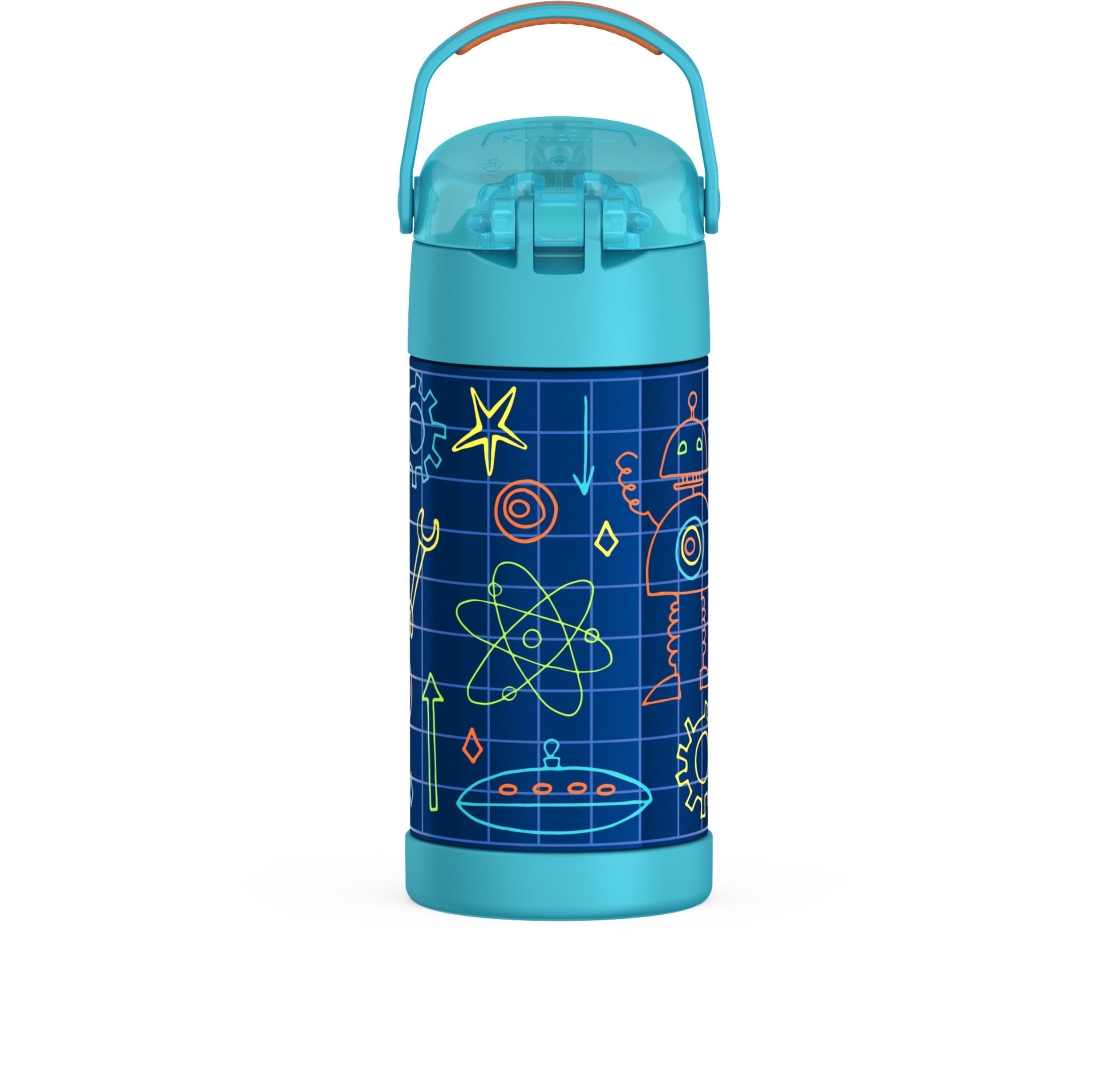Bouteille isotherme Thermos Kids Funtainer en acier inoxydable de 355 ml avec paille rabattable, Robots