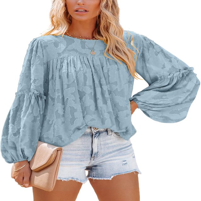 Womens Bell Sleeve Blouse Crewneck Lace Tops Floral Textured Babydoll Shirts