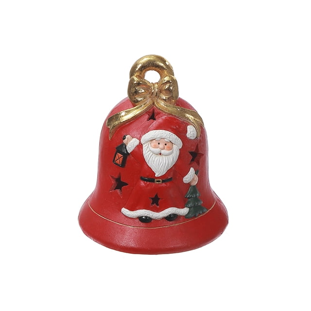 Led Magnesia Bell With Santa, a red magnesia bell figurine featuring a painted Santa holding a lantern and Christmas tree, with gold bow accents and star-shaped cutouts for warm LED light, measuring 11 x 10.85 x 13 inches, suitable for holiday décor and festive displays.