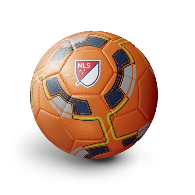MLS Ballon de Soccer Taille 1 orange avec Motifs Géométriques Bleu Marine, Gris et Jaune, Présentant le logo MLS sur un Panneau avant. Ce Ballon d'Entraînement durable avec Housse Rembourrée en Mousse Souple Est Idéal pour Développer les Habiletés et Améliorer le Contrôle des Pieds pour les Joueurs de Tous Âges.