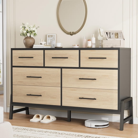 Commode pour Chambre – Commode de 52 Pouces de Large à 7 Tiroirs avec Rangement, Coffre Autoportant en Bois pour Chambre, Garde-Robe Ou Salon, Commode Moderne à Tiroirs en Fini Chêne Naturel