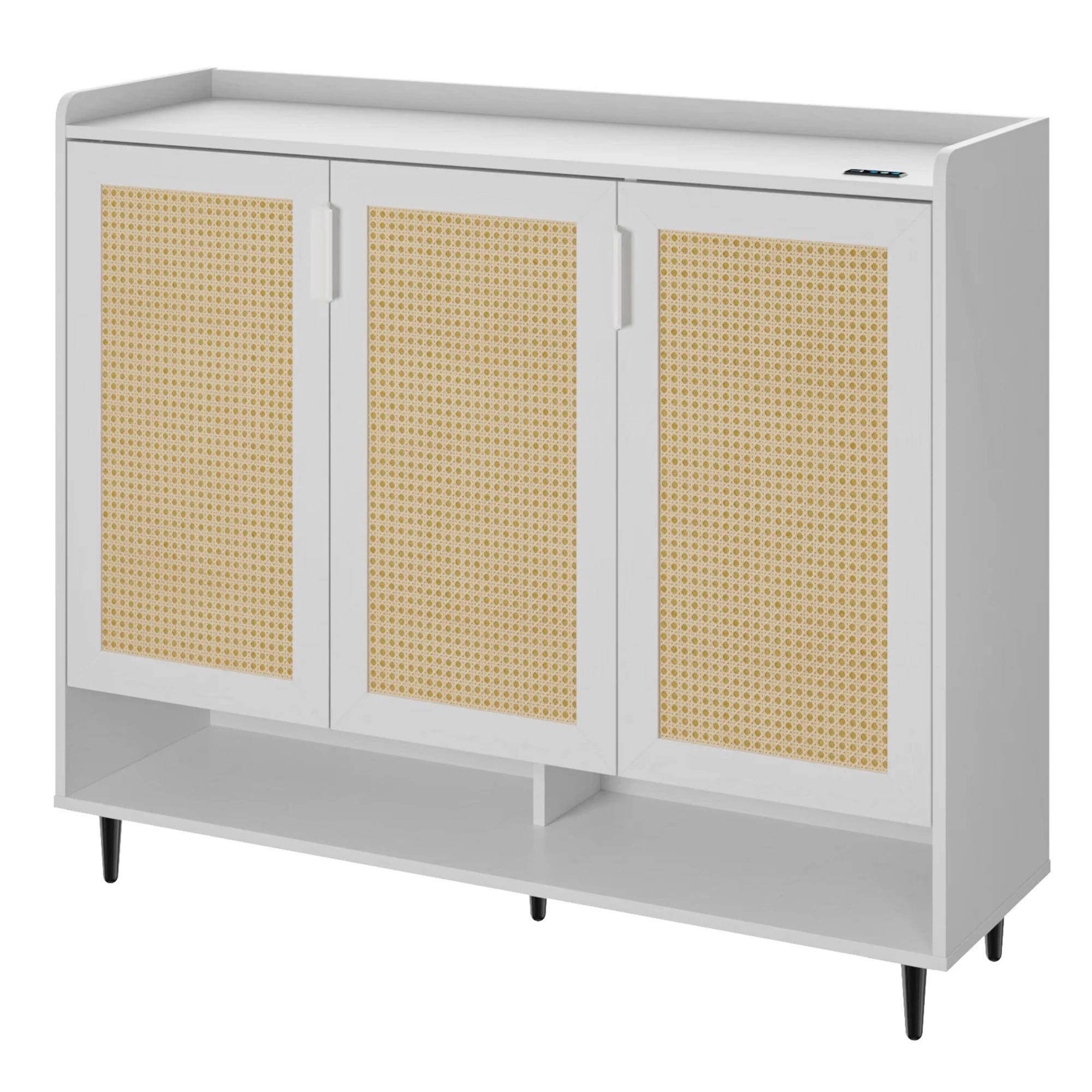 Toytexx Modern Shoe Storage Cabinet with Rattan Doors, 3-Door White Shoe Organizer with Adjustable Shelves & Ventilation Fan, Slim Shoe Rack for Entryway or Living Room