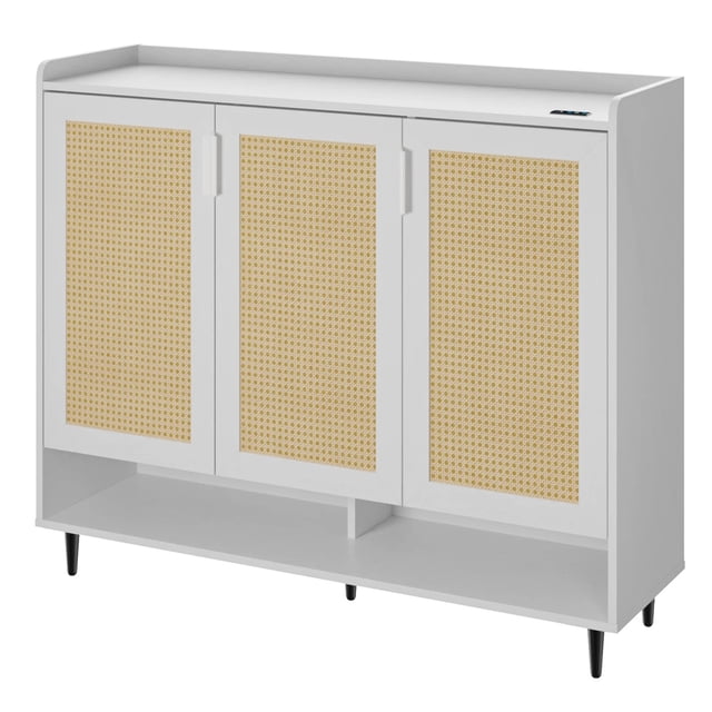 Toytexx Modern Shoe Storage Cabinet with Rattan Doors, 3-Door White Shoe Organizer with Adjustable Shelves & Ventilation Fan, Slim Shoe Rack for Entryway or Living Room