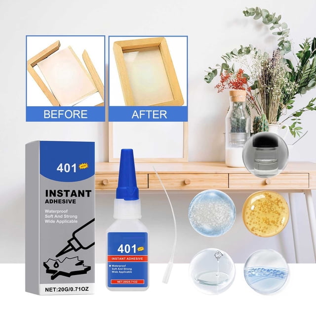 TopLLC Colle Forte Adhésive Instantanée, une Bouteille de 20 ml de Colle Liquide Forte, Montrée avec Son Emballage et Son Applicateur. l'Image Met en Valeur Ses Capacités de Liaison Solides avec une Comparaison « avant et après » d'Un Cadre en Bois Réparé. des Visuels Gros Plan Supplémentaires Affichent la texture de la Colle et la Polyvalence d'Application. Idéal pour des Projets d'Amélioration de la Maison, Y Compris pour Dortoir, VR et Bureau à Domicile.