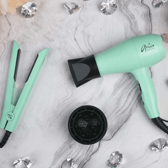 Aria Beauty - Mini Ensemble de Voyage : Fer Plat et Séchoir Sarcelle