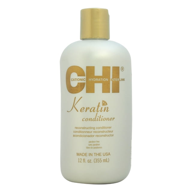 CHI KRTNCOND keratin conditioner 12 oz white bottle with gold cap and gold text, reconstructing formula that restores moisture, improves hair elasticity, and prevents breakage, paraben free and made in the USA, suitable for travel size hair care
