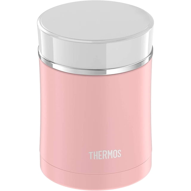 Thermos Sipp™ Stainless Steel Food Jar 16 oz Matte Pink with a sleek cylindrical design and a matte pink finish. Features a durable stainless steel body and a white airtight lid made of Eastman Tritan. Designed for maximum temperature retention, keeping food hot for up to 7 hours and cold for up to 9 hours. Compact and lightweight for easy portability, ideal for food storage at work, school, or outdoor activities.