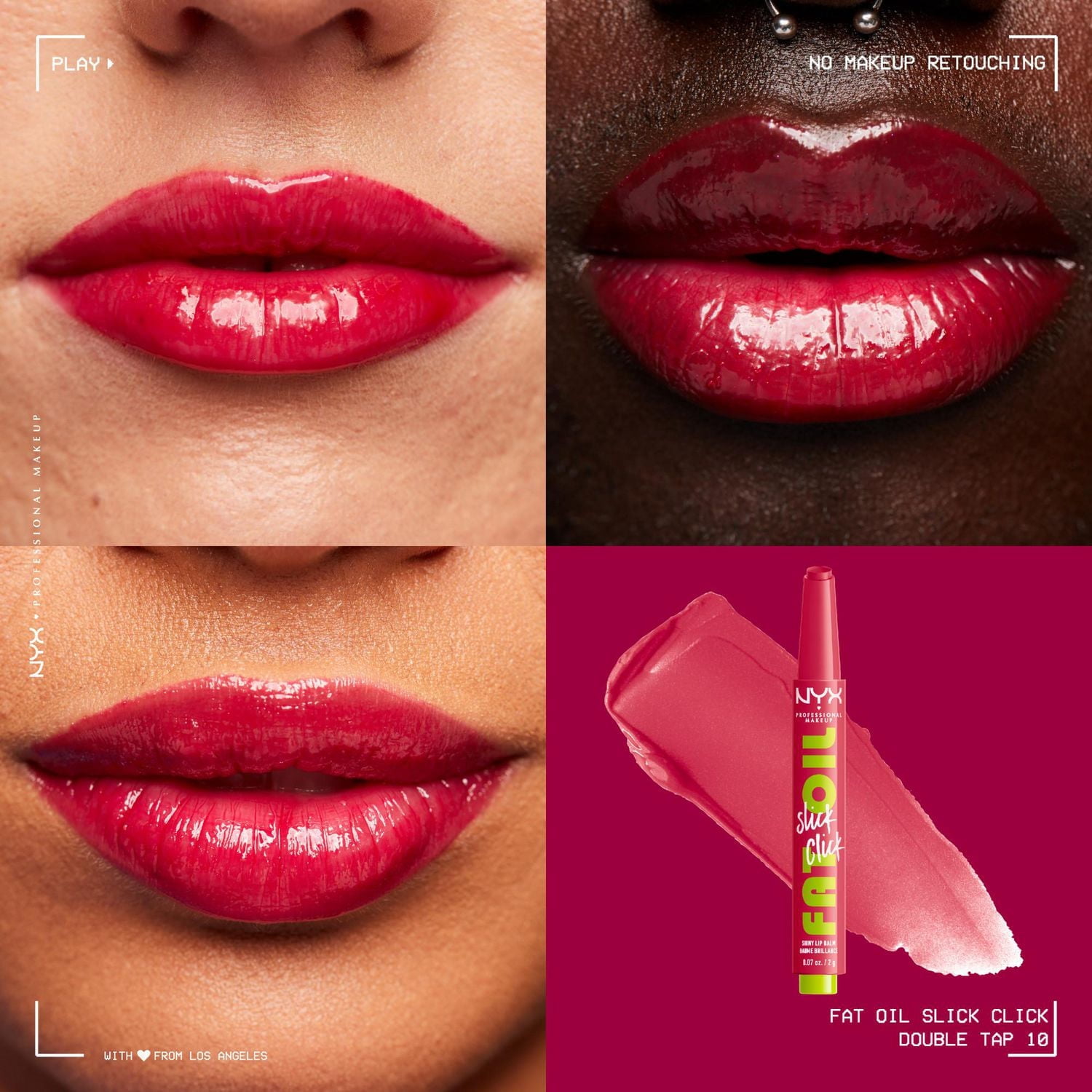 NYX PROFESSIONAL MAKEUP, Baume brillance Fat Oil Slick Click, Baume format bâton, Infusé d'huiles nourissantes, Fini haute brillance - Double Tap (Raspberry Pink)