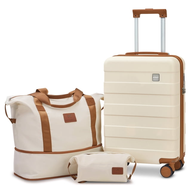 Joyway Ensemble de Bagages 3 Pcs Comprenant une Valise Cabine de 20 Pouces avec Roues Pivotantes, Cadenas TSA et Poignée Ajustable, Accompagnée d'Un Sac de Voyage et d'Une Trousse de Toilette Assortis. les Bagages Sont Fabriqués en Matériau ABS Léger et durable de Couleur Crème avec accents Bruns. la Valise Comprend des Roues Pivotantes Amovibles Silencieuses à 360° et un Intérieur Spacieux avec des Panneaux Séparateurs Zippés et des Sangles Croisées pour l'Organisation. le Sac de Sport et la Trousse de Toilette Offrent un Rangement Supplémentaire pour les Courts Voyages
