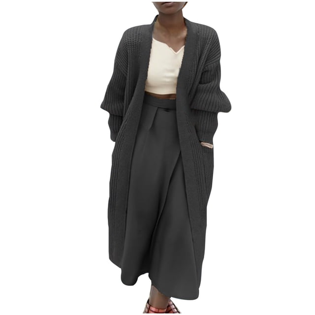Yuyuzo Cardigan Sweaters for Women Long Sleeve Open Front Knit Solid Color Mid-Long Sweater Fall Winter Cardigan