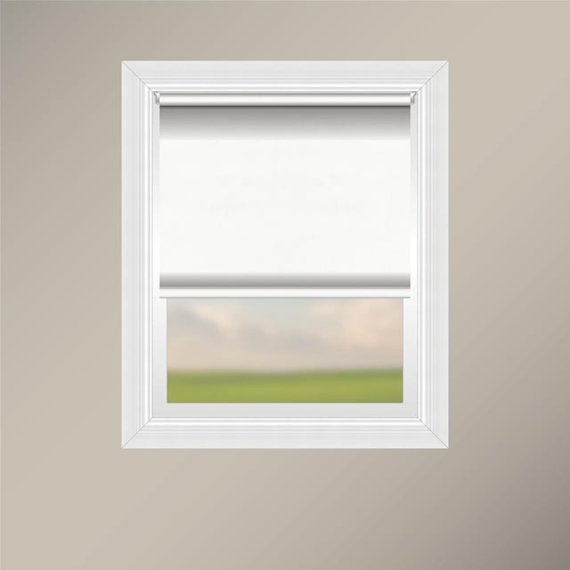 Off Cut Shades Chainless Blackout Roller Shade-Diamond in white polyester fabric, partially lowered in a white aluminum headrail within a white window frame on a beige wall, featuring a plain hem with weighted insert for a clean finish, blocking 100% of light while ensuring child and pet safety with chainless operation.