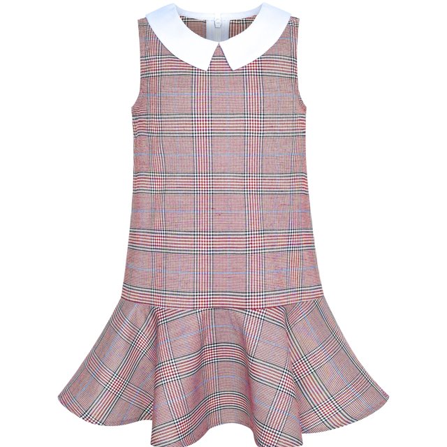 Robe Fille Tartan Rouge Uniforme de Rentrée Robe à Col Blanc 4 Ans