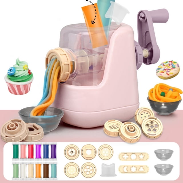 TIMIFIS Noodle Machine Children's Dough Game Dough Set featuring a pink noodle maker with a hand crank and multiple molds for creating six types of noodles. Includes 12 colorful dough pieces, various kitchenware molds, and accessories for imaginative play. Suitable for children aged 3 and up, this set encourages creativity and hands-on fun. The compact design measures 15x8.5x11cm and is ideal for birthdays, weekend parties, or educational activities.