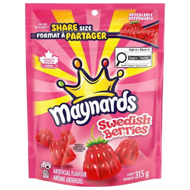 Maynards Swedish Berries Candy sharing size 315g resealable bag with bright pink and yellow packaging, featuring red soft chewy berry-shaped gummies, a large yellow crown logo, bilingual English and French text, and a Health Canada sugar content warning.