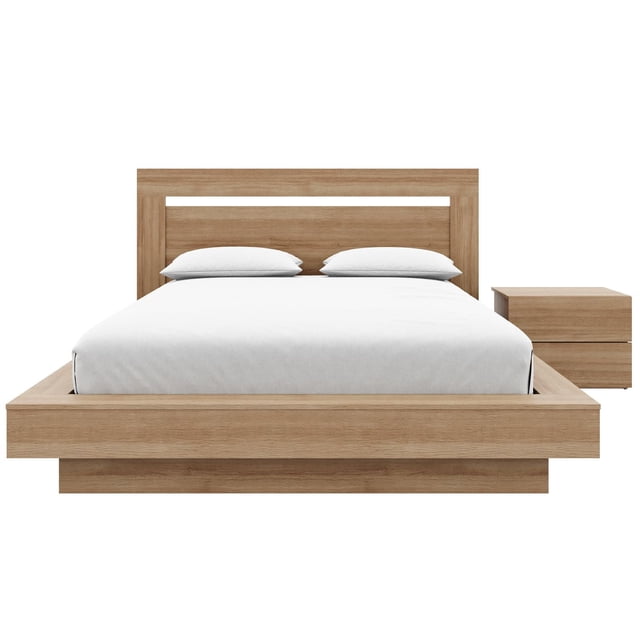 Byron 3-Piece Bedroom Set with Platform Bed, Headboard and Nightstand featuring a queen platform bed with a rectangular wooden headboard and matching 2-drawer nightstand in light oak finish, minimalist design with floating base and extra-wide bedside surfaces suitable for books or charging devices.